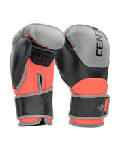 Heavy bag boxing gloves in grey, black, and red with padded wrist wrap and vent holes