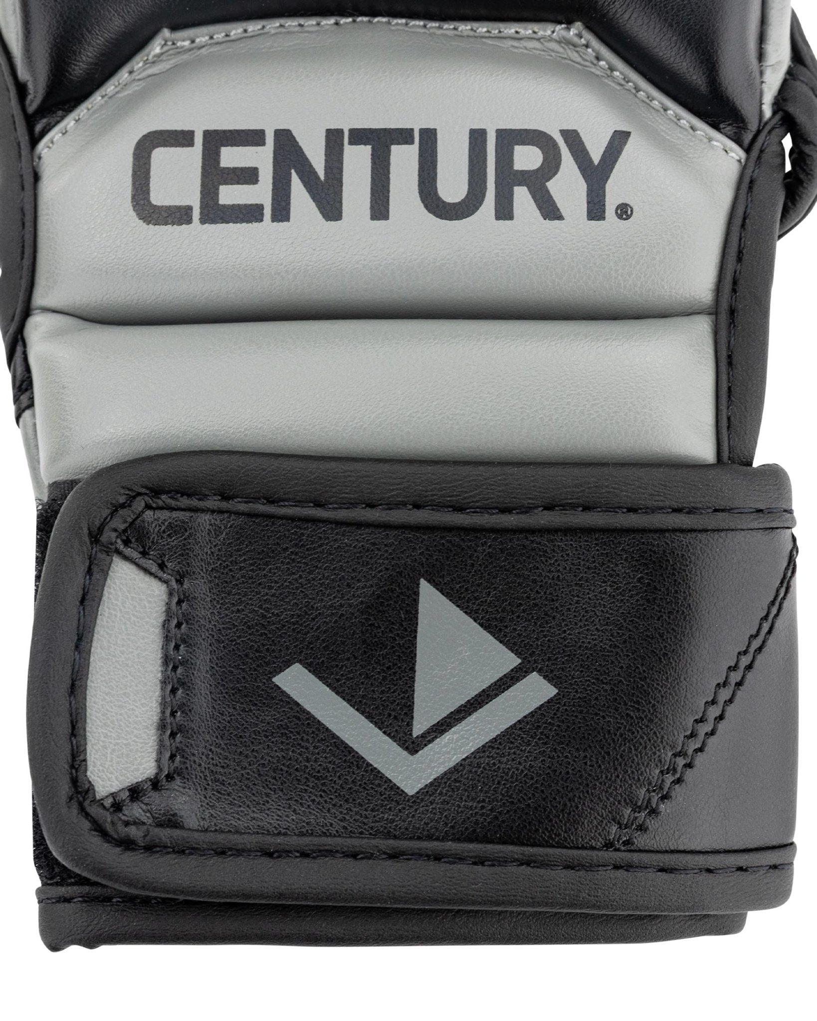 Youth fight gloves close-up: Century logo on light grey panel over black padding