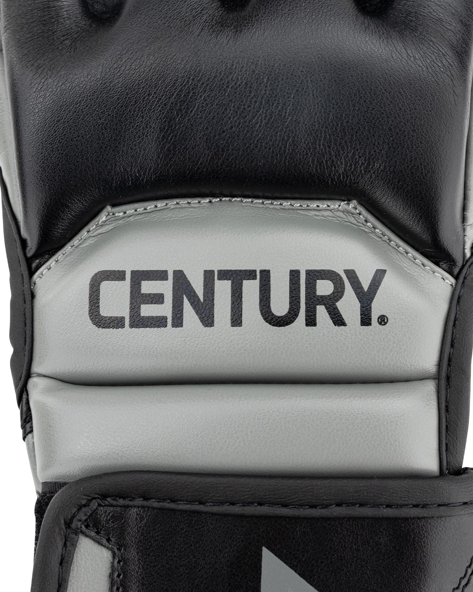 Youth fight gloves close-up: Century logo on light grey center with black padding