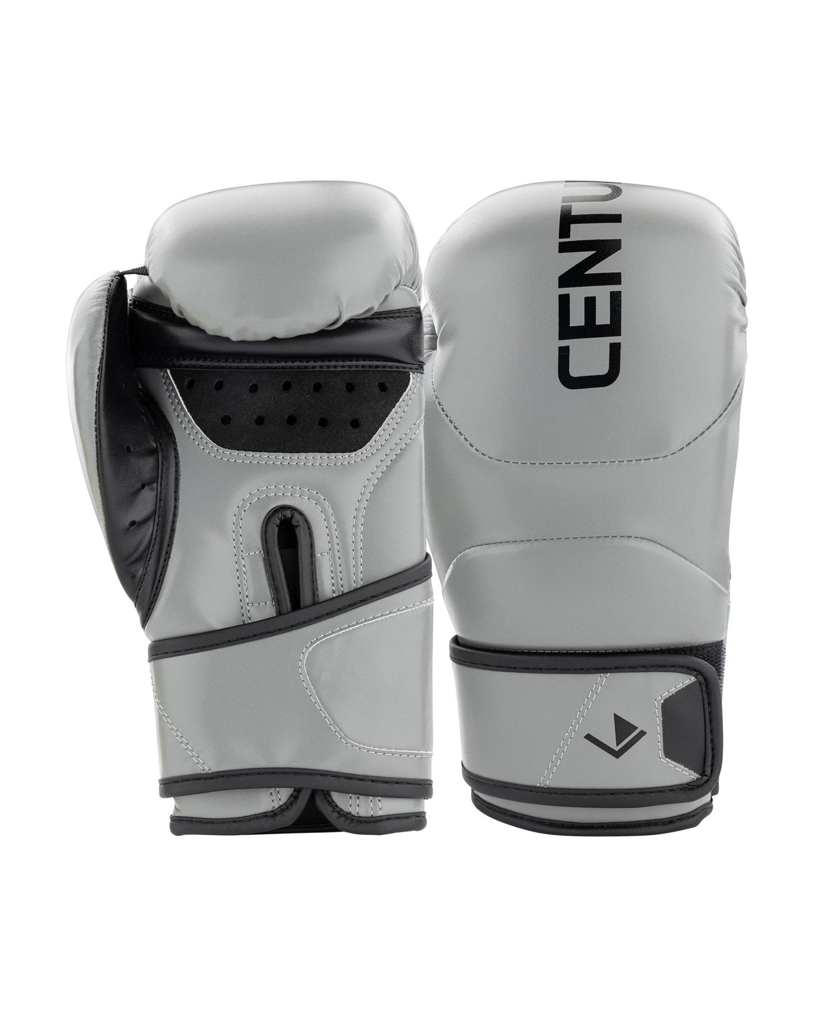 Grey youth heavy bag boxing gloves with black wrist strap and padded palm guard