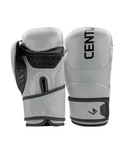Grey youth heavy bag boxing gloves with black wrist strap and padded palm guard