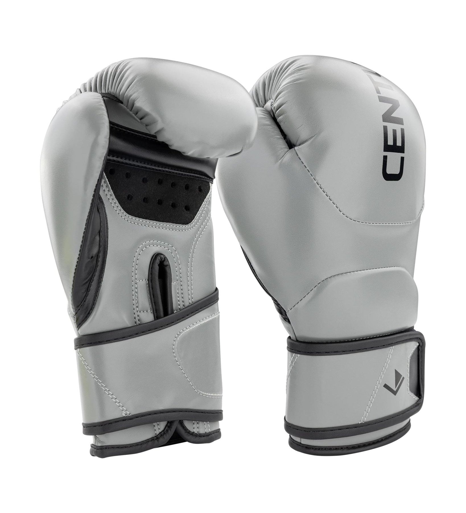 Grey youth heavy bag boxing gloves, pair view, with black wrist strap and logo