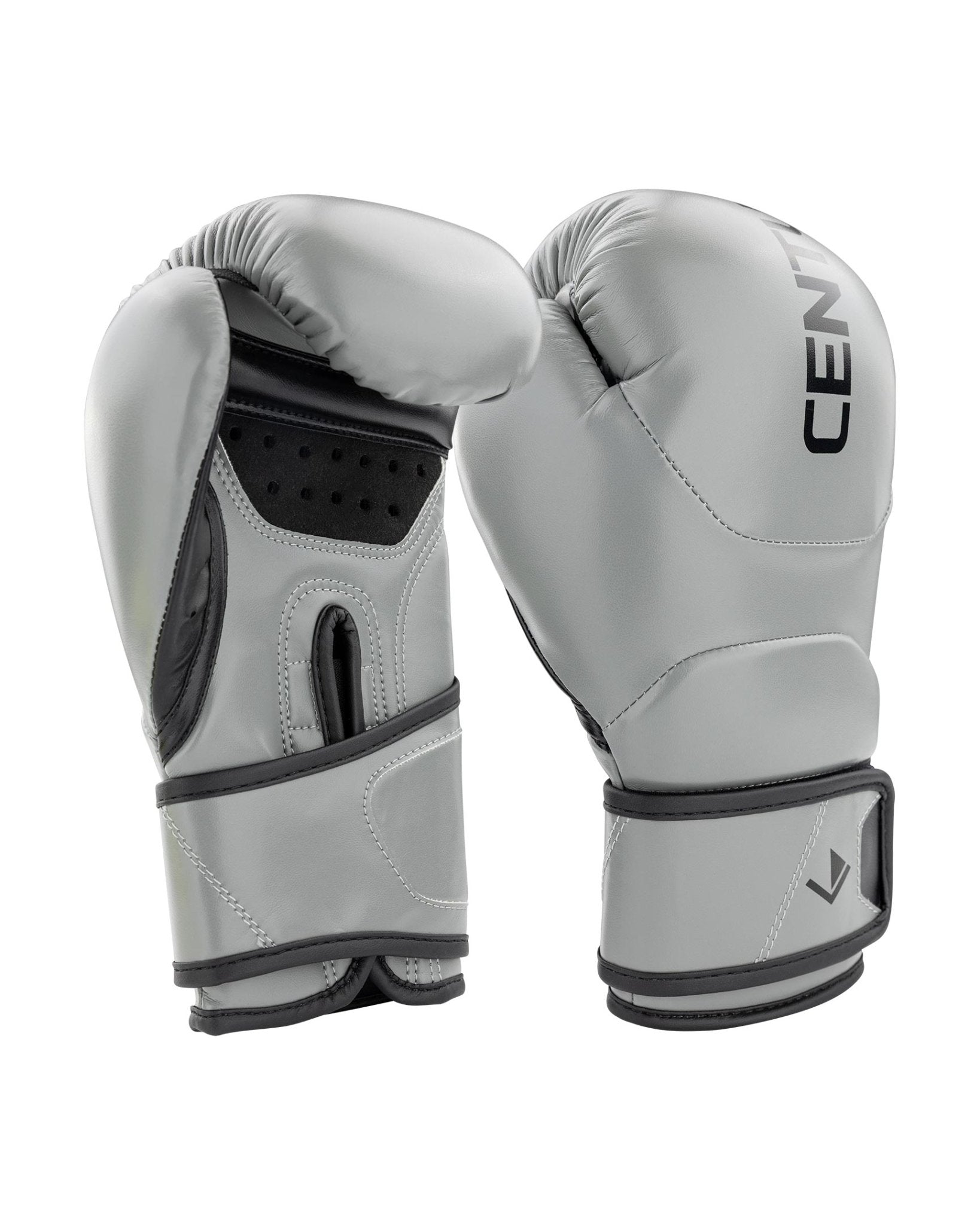 Grey youth heavy bag boxing gloves, pair view, with black wrist strap and logo