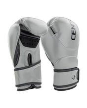 Grey youth heavy bag boxing gloves, pair view, with black wrist strap and logo
