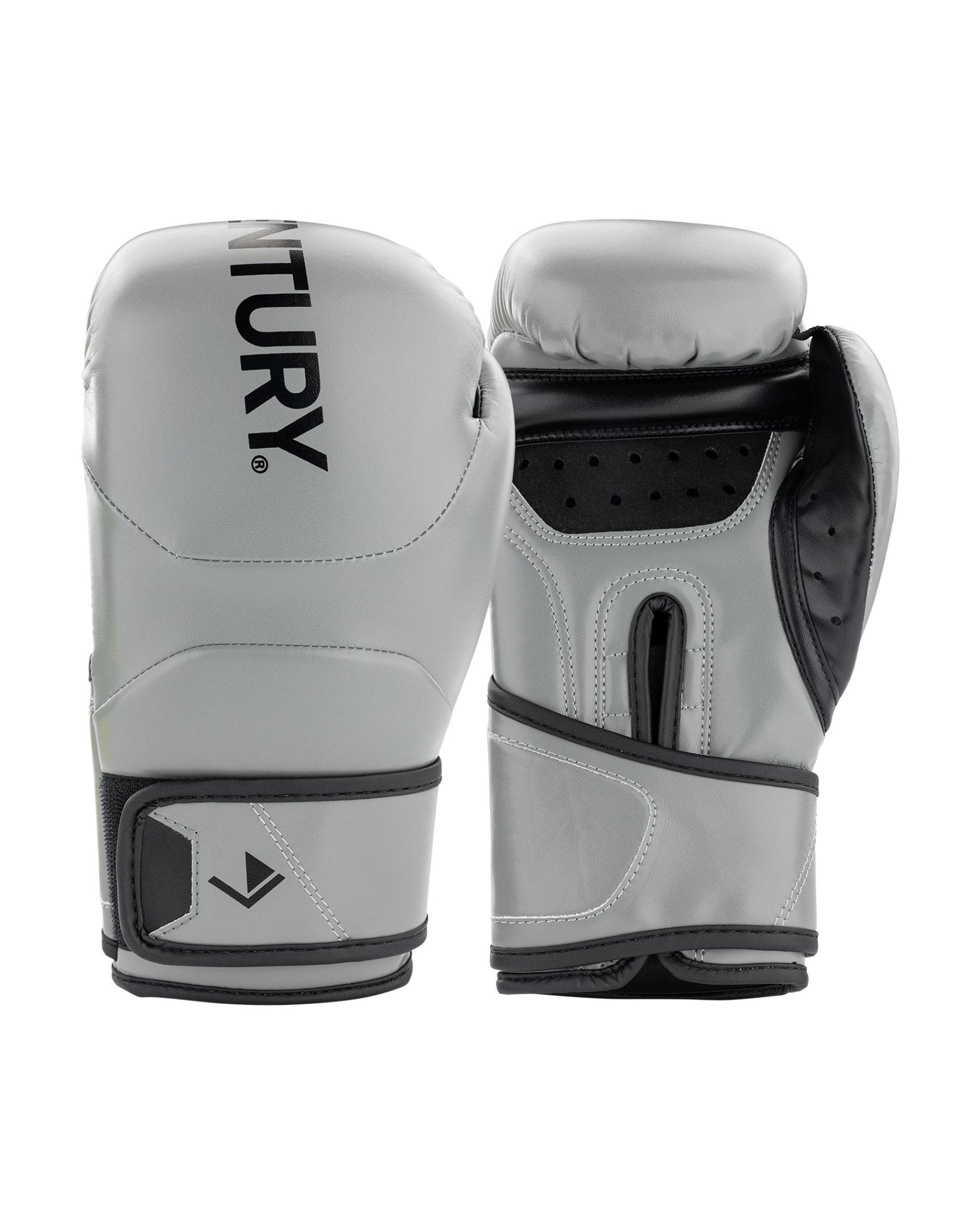 Grey youth heavy bag boxing gloves, back view, with logo patches and wrist straps