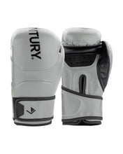 Grey youth heavy bag boxing gloves, back view, with logo patches and wrist straps