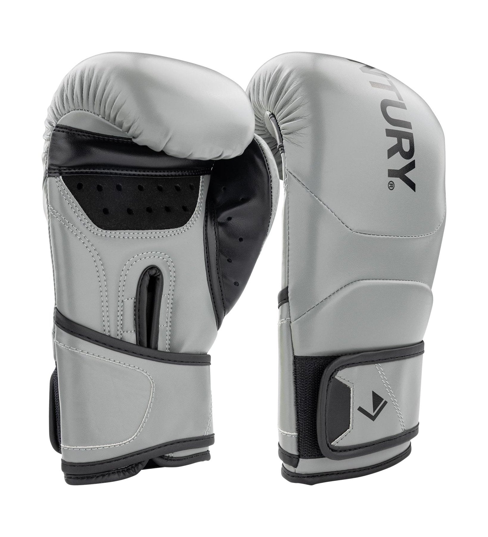 Grey youth heavy bag boxing gloves with black wrist strap and padded knuckles