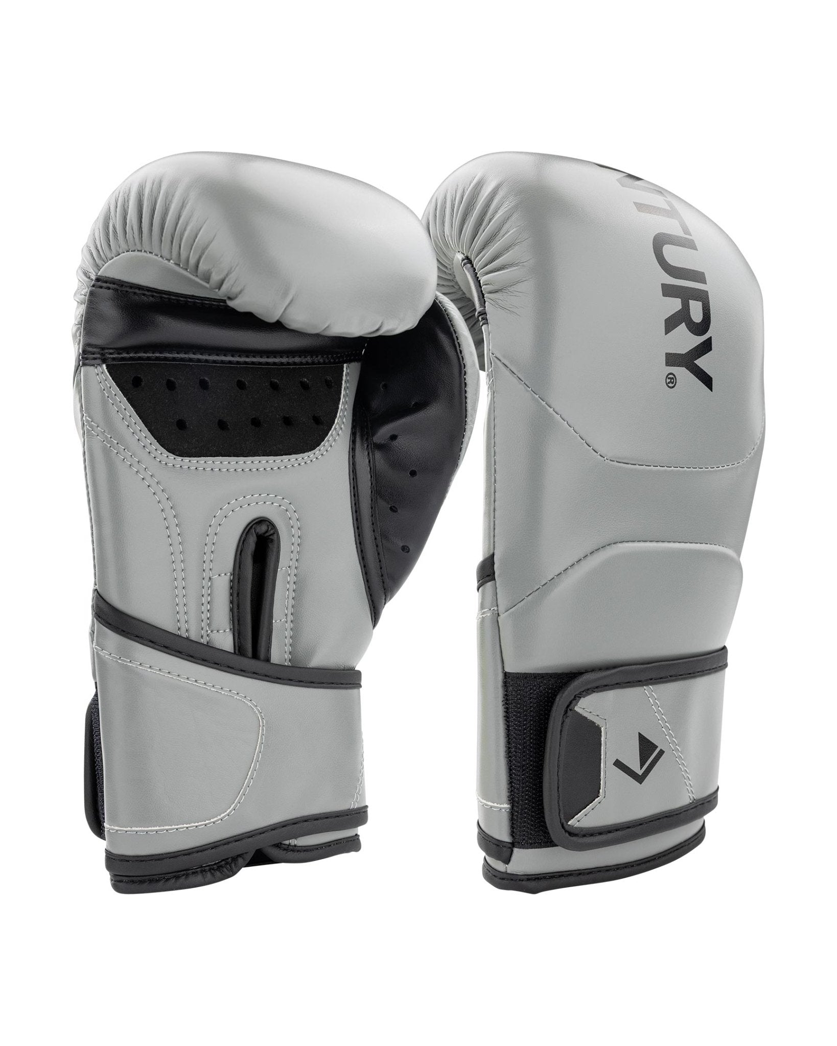 Grey youth heavy bag boxing gloves with black wrist strap and padded knuckles