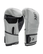 Grey youth heavy bag boxing gloves with black wrist strap and padded knuckles