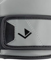 Grey youth heavy bag glove wrist strap detail with black logo patch