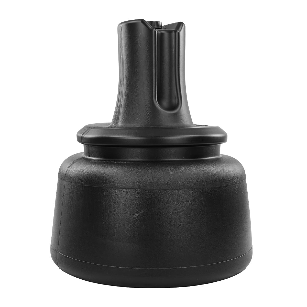 Black plastic base with vertical top opening and wide round bottom, molded details