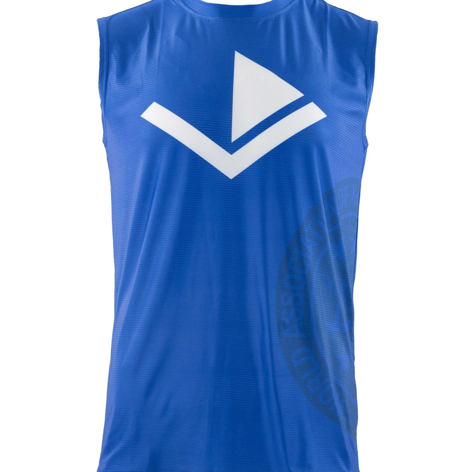 Blue sleeveless tee front with large white V chevron logo and crew neckline.