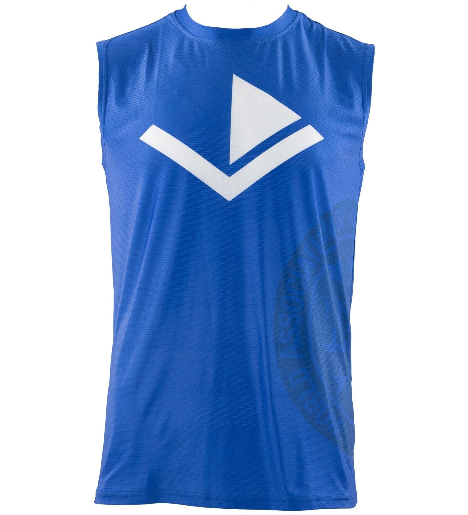 Blue sleeveless tee front with large white V chevron logo and crew neckline.