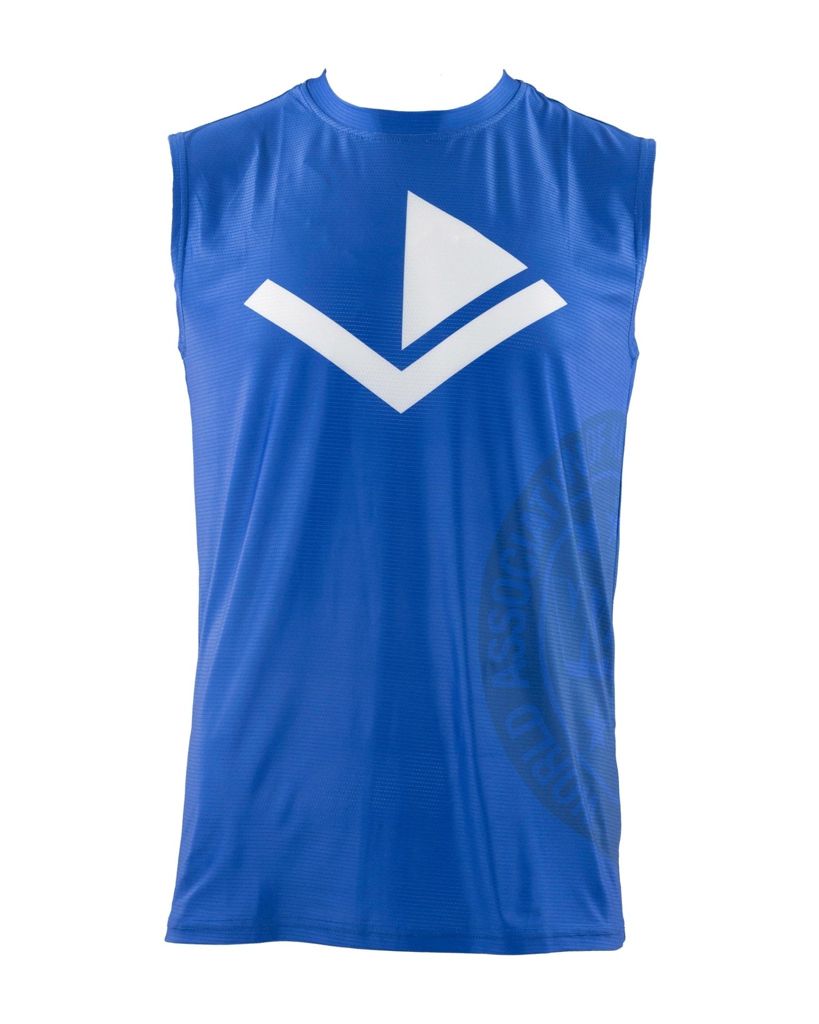 Blue sleeveless tee front with large white V chevron logo and crew neckline.
