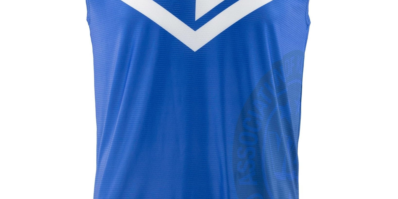 Blue sleeveless tee front with large white V chevron logo and crew neckline.