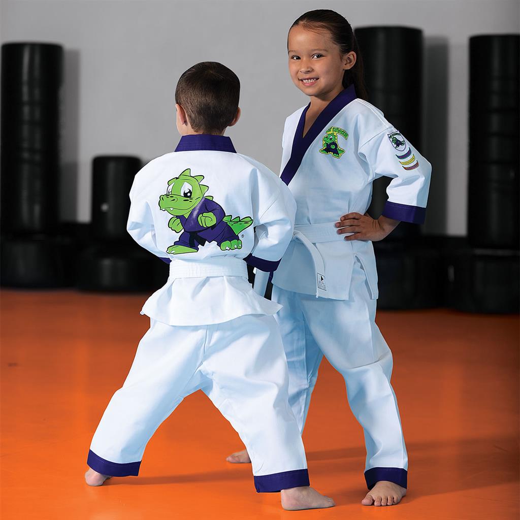 Light blue toddler martial arts uniform set with purple trim, jacket and pants, dragon patch