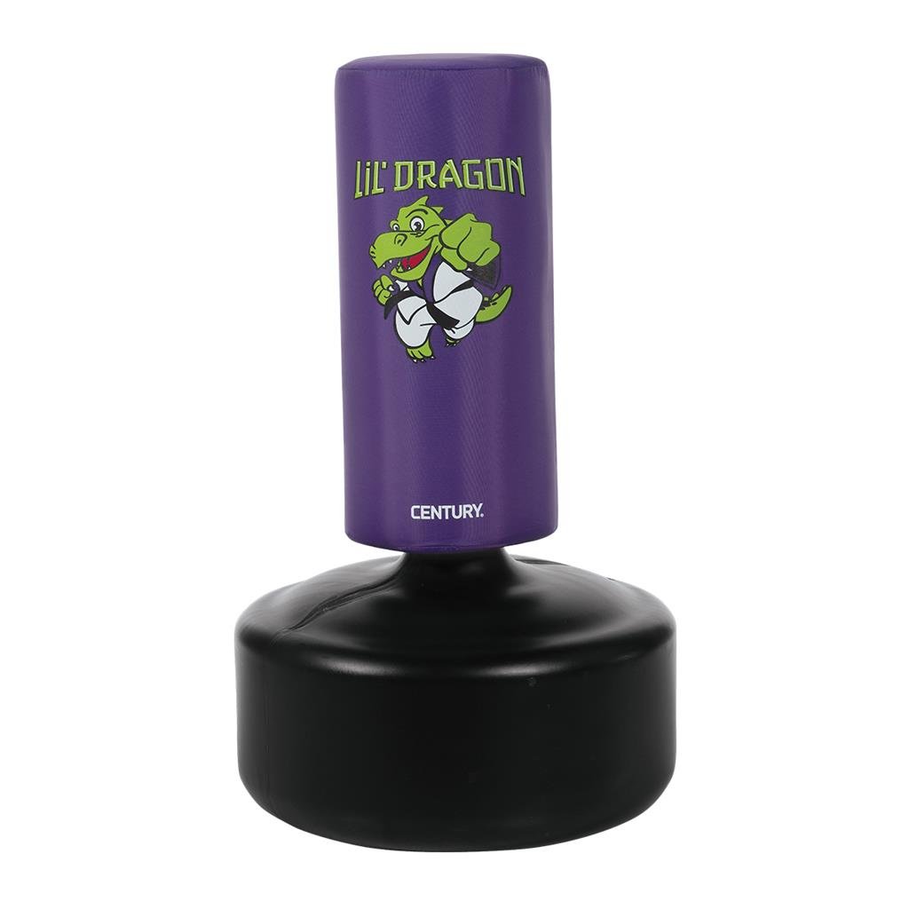 Purple upright kids punching bag with dragon graphic, on black round base