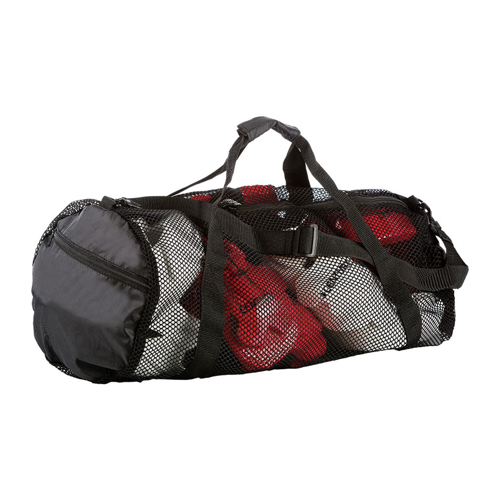 Black mesh sport bag with zip pockets, adjustable shoulder strap, red interior print