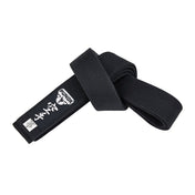 Black Japanese-style belt with padded center wrap and stitched logo patch on end