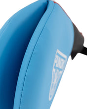 Punok double paddle target side view, blue paddle seam with white logo on black grip