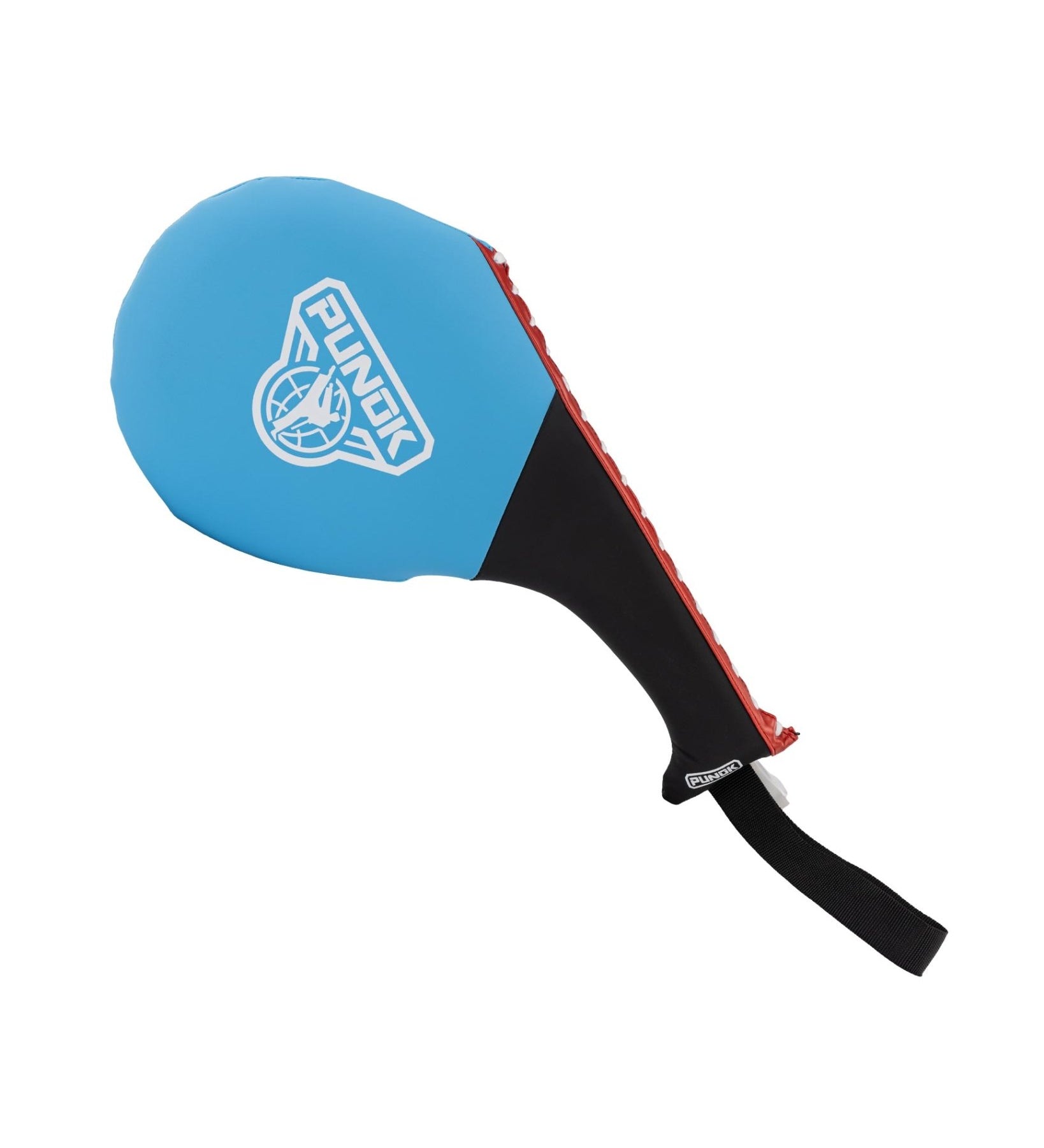 Punok double paddle target, blue face with white logo, black grip, red edge stitching