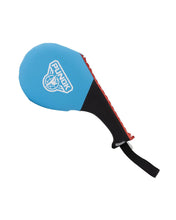 Punok double paddle target, blue face with white logo, black grip, red edge stitching