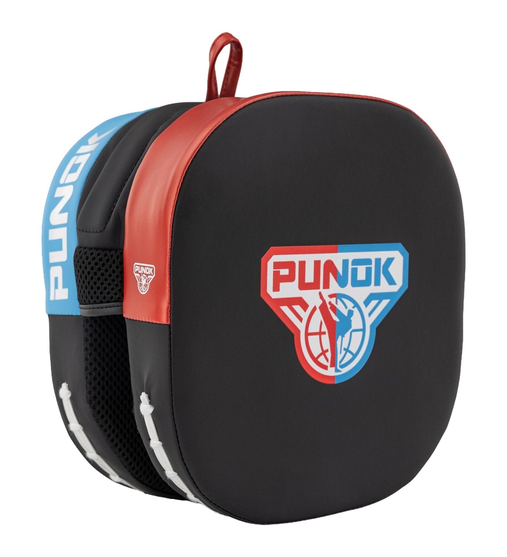 Double-sided focus mitt set, black with red and blue trim, Punok logo.