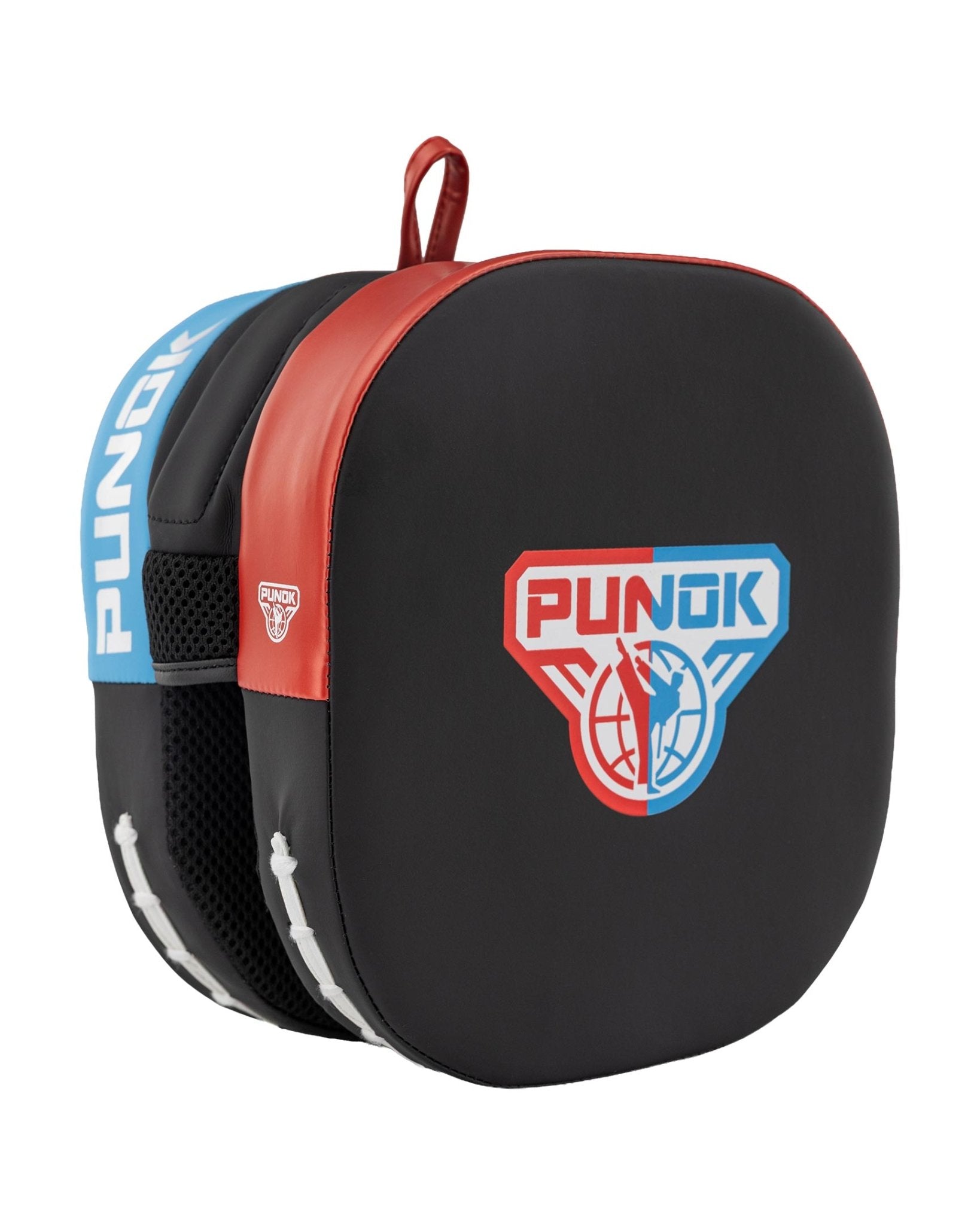 Double-sided focus mitt set, black with red and blue trim, Punok logo.