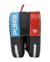 Double-sided focus mitt pair, black with blue and red panels, Punok logos.