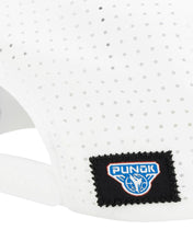 White performance cap with perforated crown and stitched PUNOK logo patch