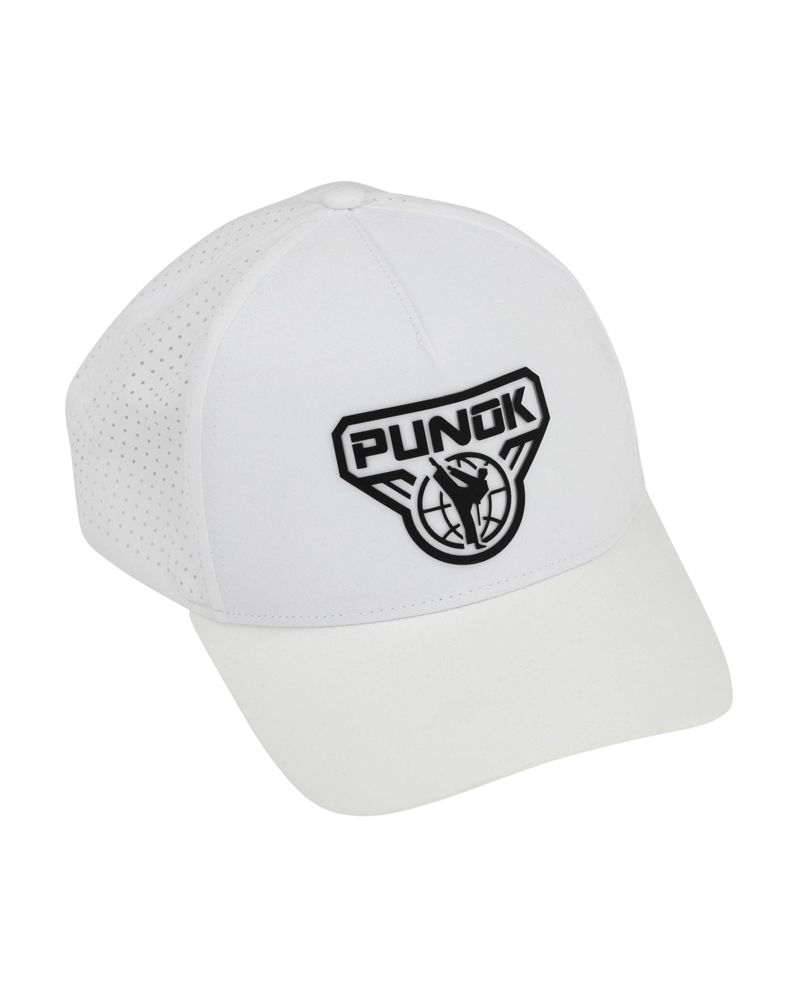 White performance fighter hat with PUNOK logo patch on the front.