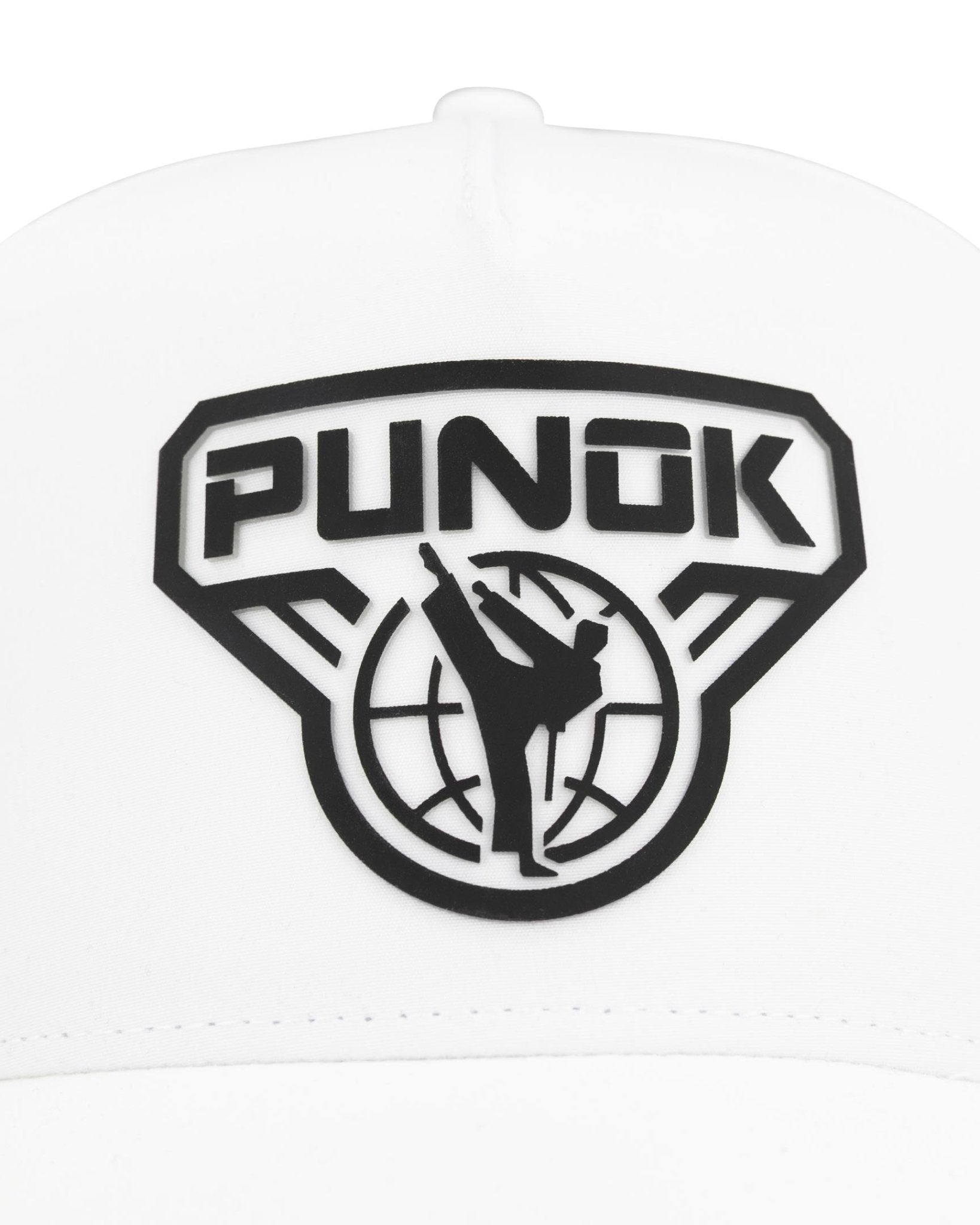 White performance baseball cap close-up of PUNOK fighter logo patch