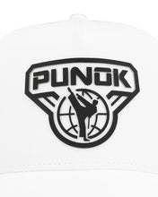 White performance baseball cap close-up of PUNOK fighter logo patch