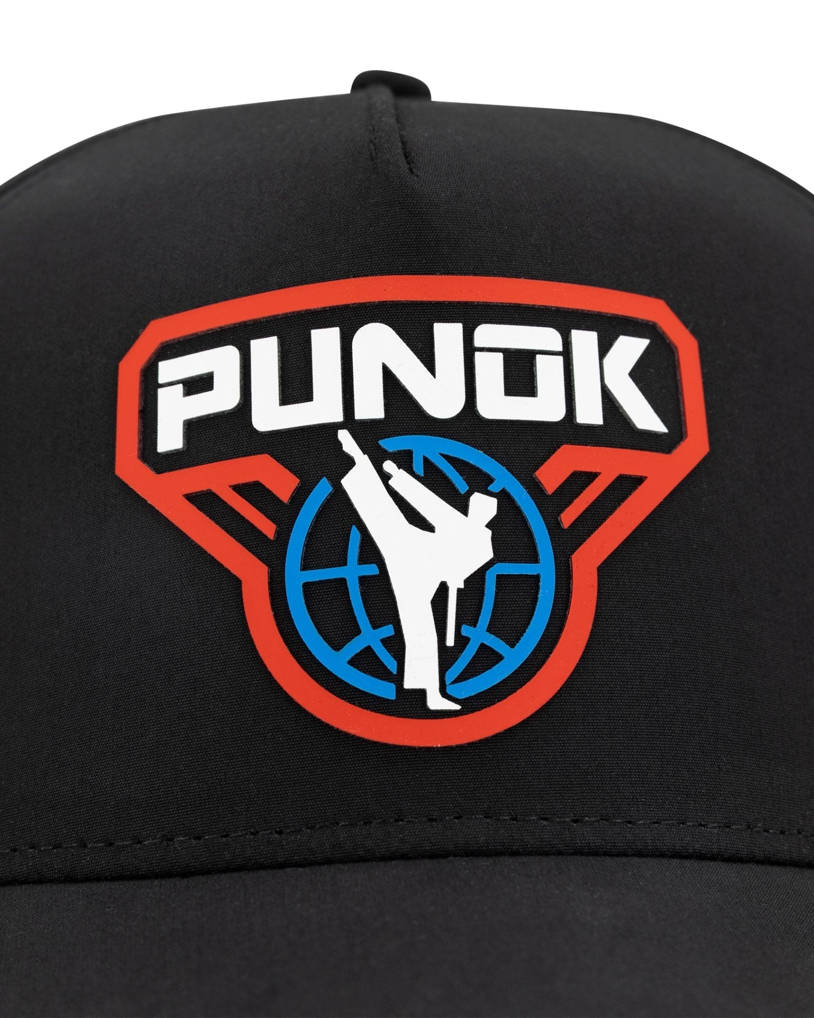 Black performance fighter hat close-up of the PUNOK front logo patch.