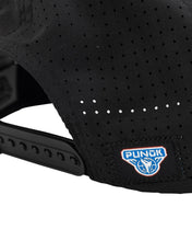 Black performance fighter hat close-up: perforated panels and small PUNOK side logo.