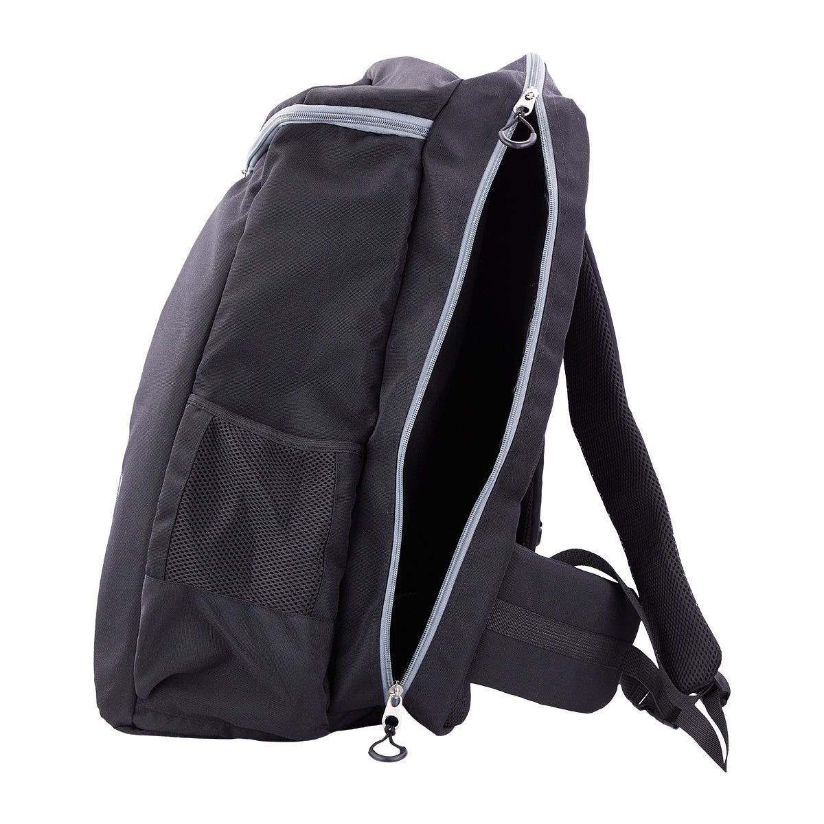 Black backpack with side mesh pocket and padded shoulder strap