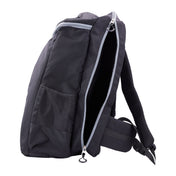 Black backpack with side mesh pocket and padded shoulder strap