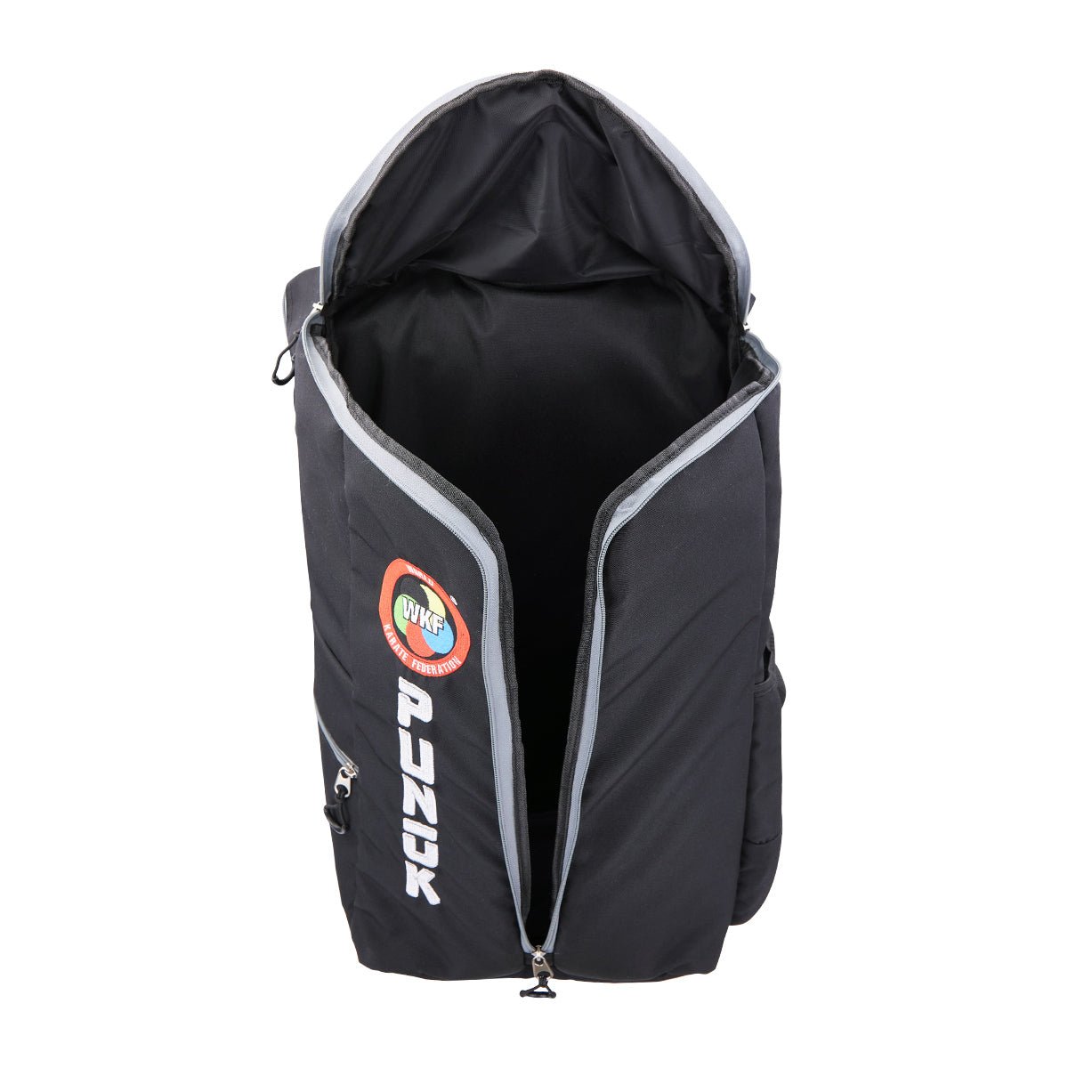 Black backpack with top opening and WKF patch detail