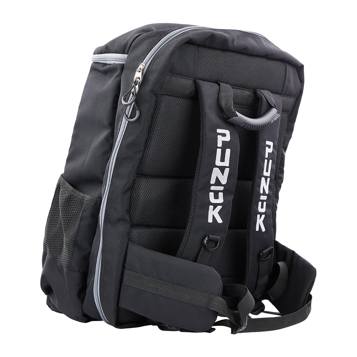 Black backpack with padded back panel and vertical PUNK strap graphics