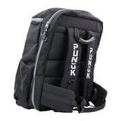 Black backpack with padded back panel and vertical PUNK strap graphics