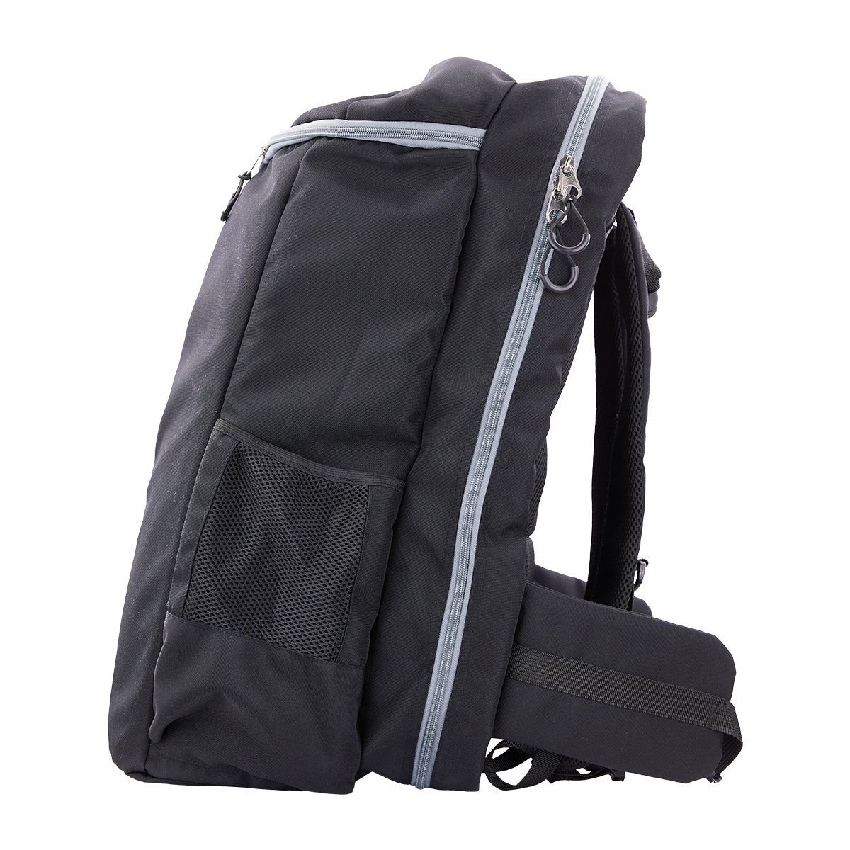 Black backpack with mesh side pocket and adjustable strap