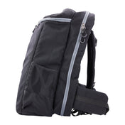 Black backpack with mesh side pocket and adjustable strap