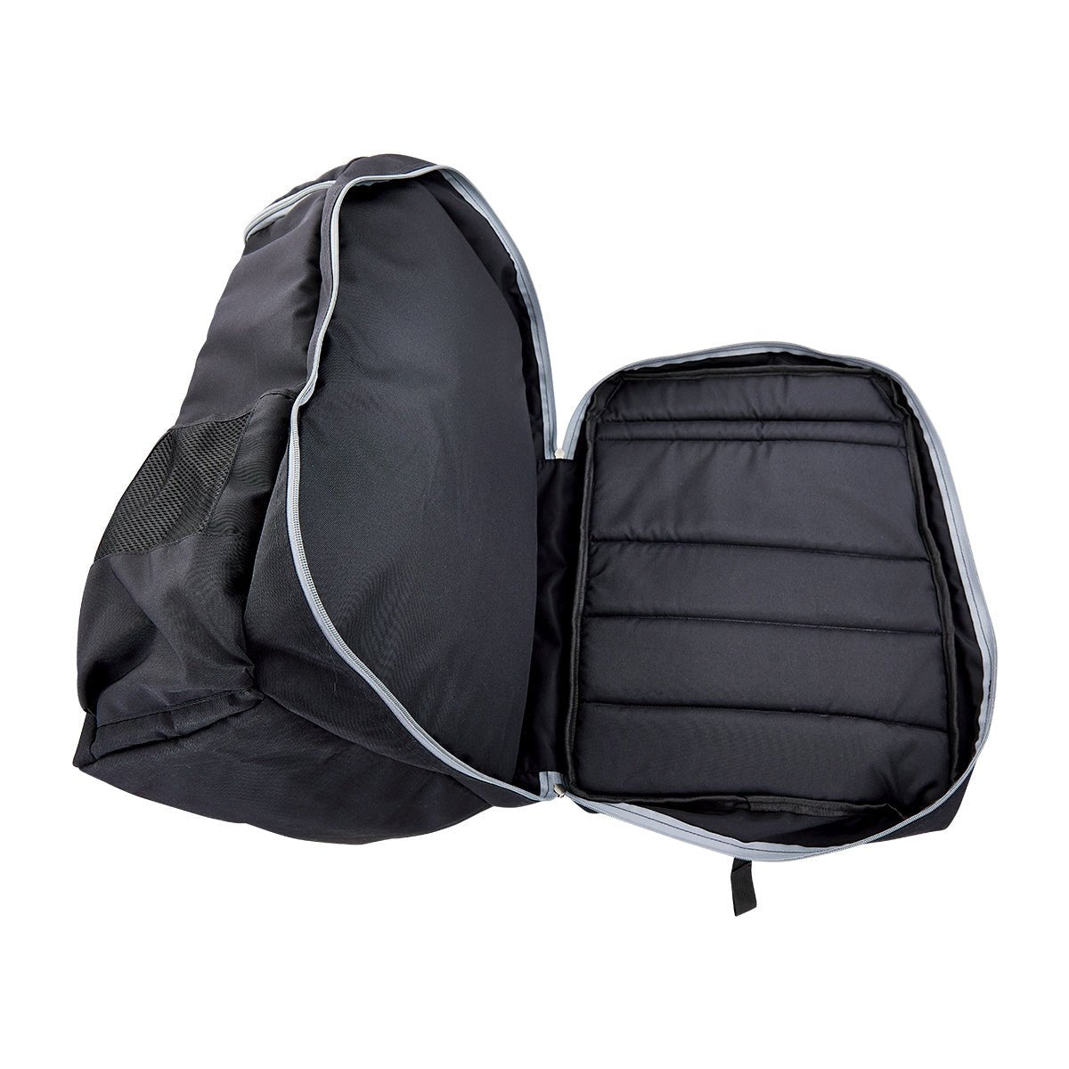 Black backpack opened to show padded interior compartment and pocket