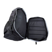Black backpack opened to show padded interior compartment and pocket