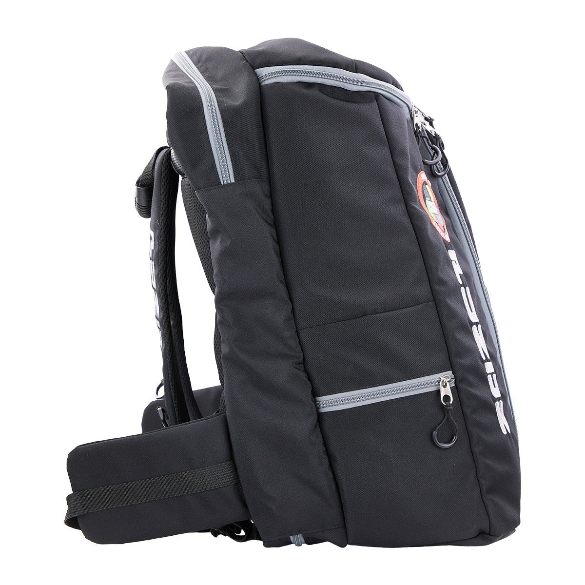 Black backpack with top handle, front zipper, and adjustable strap