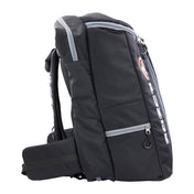 Black backpack with top handle, front zipper, and adjustable strap