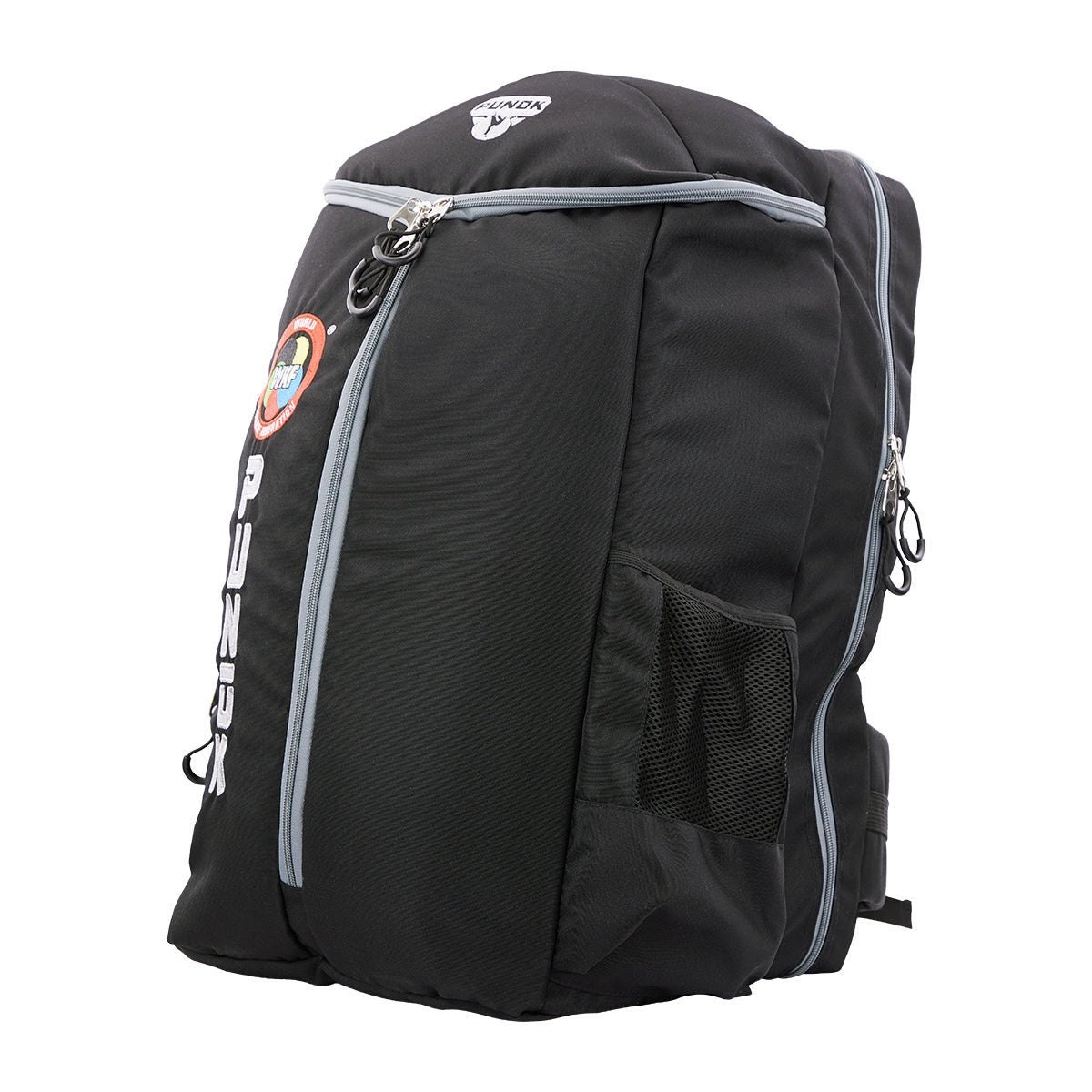 Black backpack with side zip pocket and vertical PUNK branding