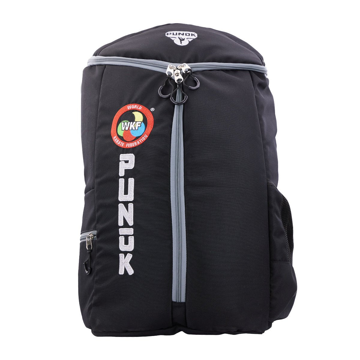 Black backpack with zip front panel and vertical PUNK branding