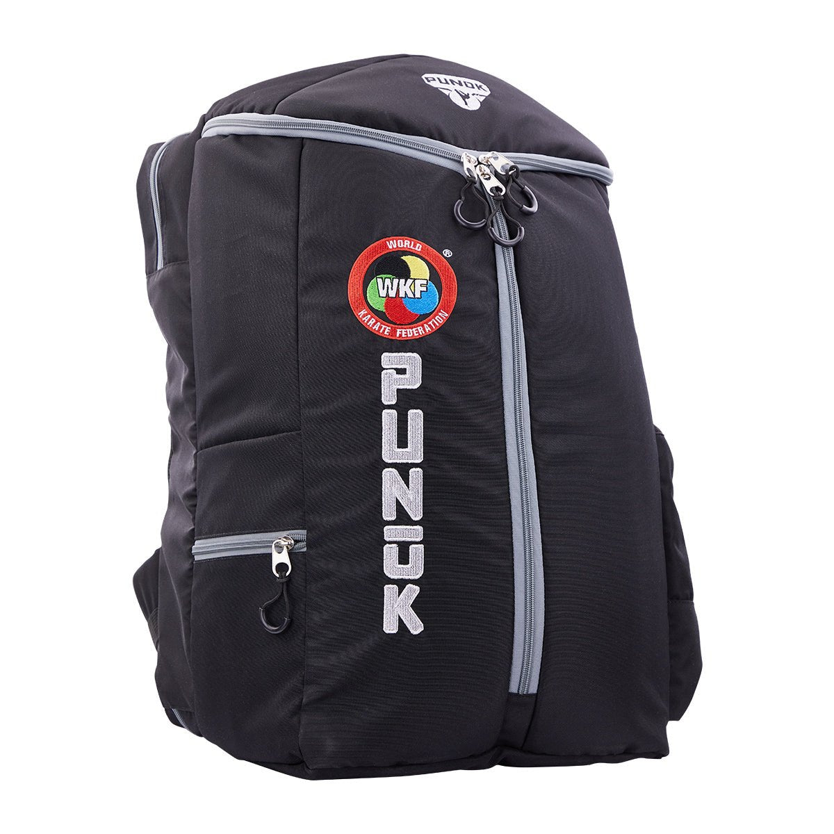 Black backpack with WKF patch and vertical PUNK lettering