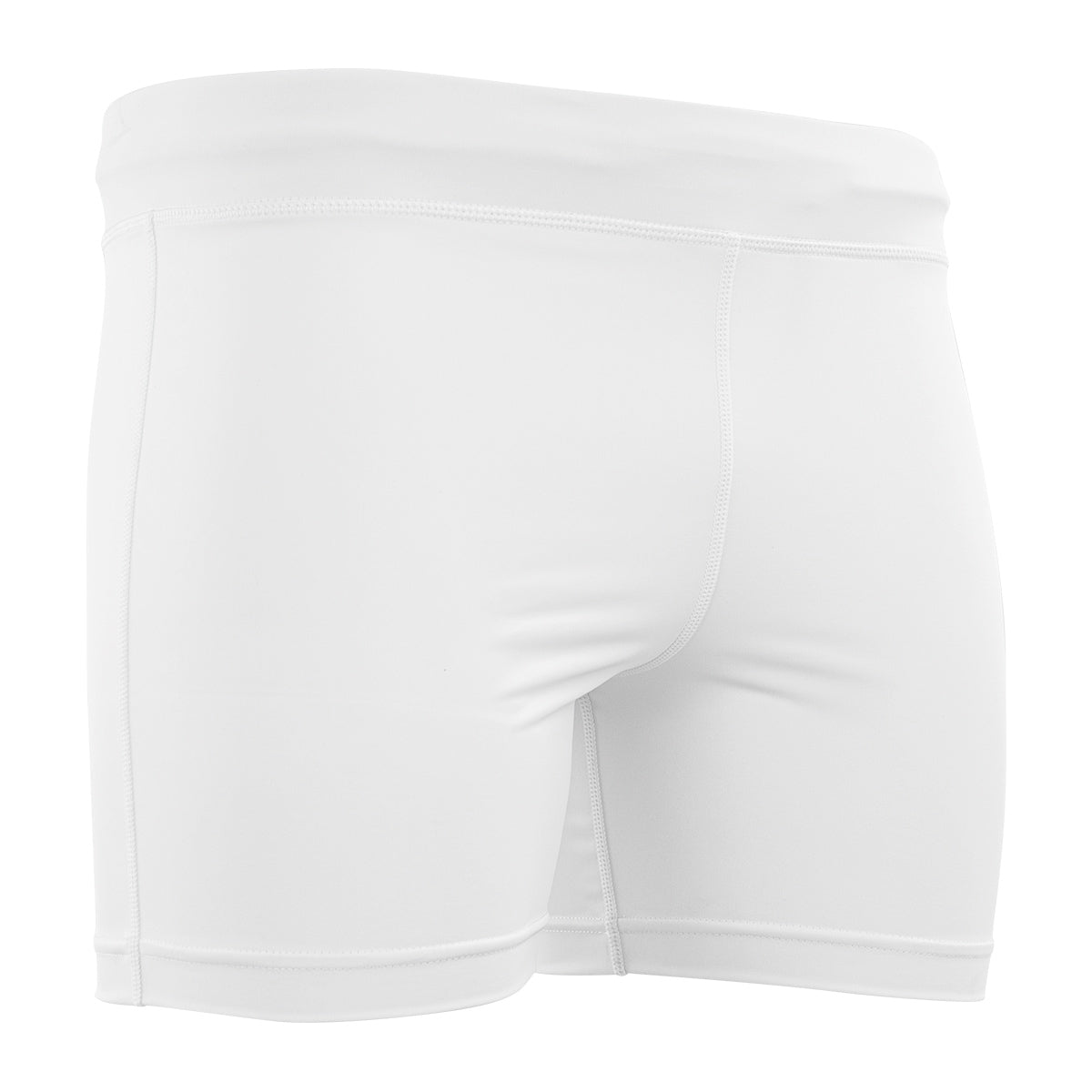 White compression shorts with contoured front panel and flatlock seams